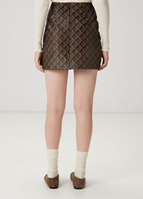 Beymen Club Dark Brown Logo Patterned Mini Leather Skirt - 5