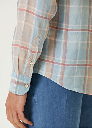 Beymen Club Comfort Fit Mavi Turuncu Ekoseli Keten Gömlek - 7