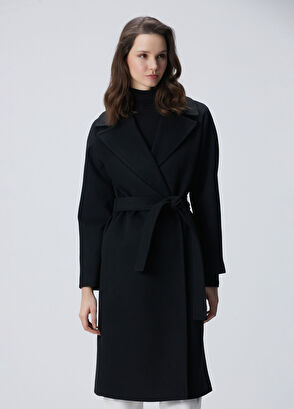 Siyah Punto Detaylı Astarlı Basic Kaşe Manto - Görsel 5