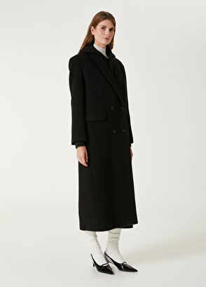 Oversized Siyah Kruvaze Yün Palto - Görsel 7