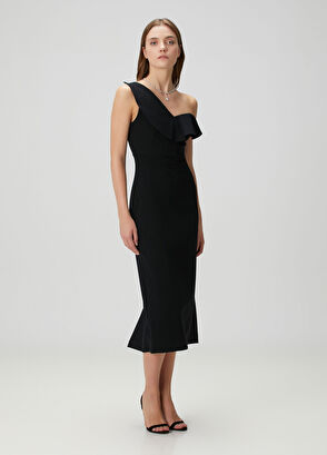 Siyah Tek Omuzlu Midi Kokteyl Elbise - Görsel 4