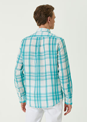 Beymen Club Comfort Fit Turkuaz Ekose Desenli Keten Gömlek - 4