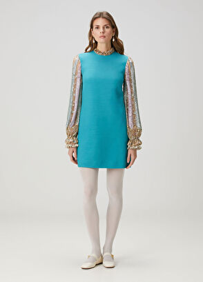 Valentino Mavi Payet İşlemeli Mini Yün Elbise - 3