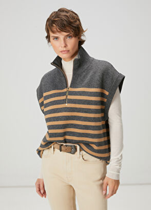 Beymen Club Camel Antrasit Çizgili Yün Süveter - 4