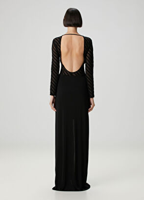 Siyah Flok Detaylı Maksi Abiye Elbise - Görsel 6