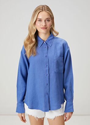 Beymen Club Oversize Blue Linen Shirt - 4