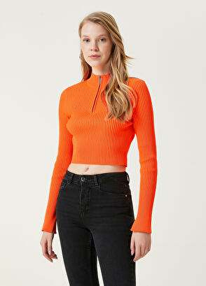 Beymen Club Neon Turuncu Fermuarlı Crop Kazak - 4