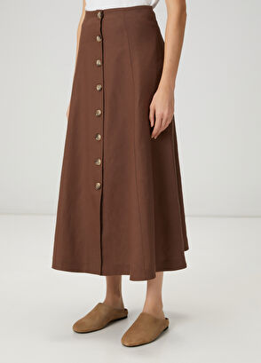 Beymen Club Kahverengi Düğmeli Midi Keten Etek - 3
