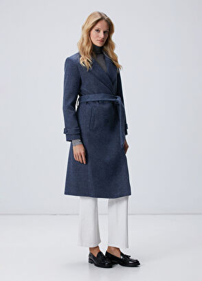 Lacivert Diyagonal Desen Kuşaklı Uzun Palto - Görsel 5