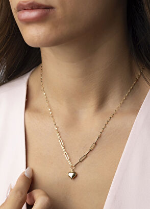 Safir Mücevher Lovely Ataç Çift Zincir Kalp 14 Ayar Altın Kadın Kolye - 5