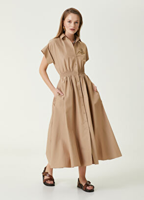 Beymen Club Bej Taşlı Kaz Logo Detaylı Uzun Gömlek Elbise - 4