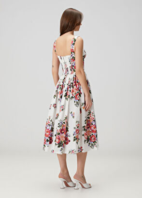 Beyaz Çiçekli Midi Elbise - Görsel 5