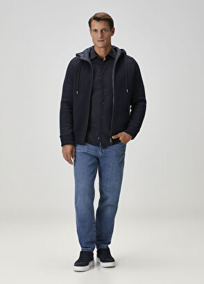 Lacivert Kapüşonlu Yün Triko Mont - Görsel 4