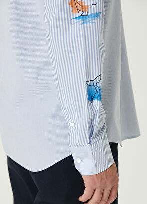 Beymen Club Comfort Fit Blue Striped Sleeves Printed Shirt - 7