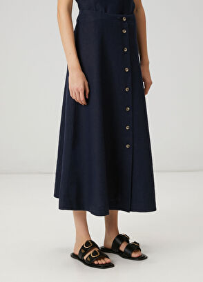 Beymen Club Midi Linen Skirt With Navy Blue Buttons - 4