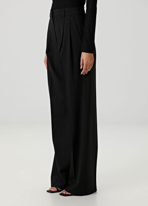 Siyah Bol Paça Yün Pantolon - Görsel 6