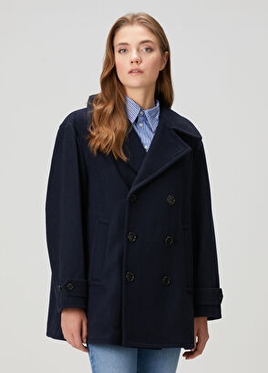 Lacivert Kruvaze Yün Kaban - Görsel 5