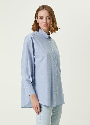 Beymen Club Blue Logo Embroidered Long Linen Shirt - 3