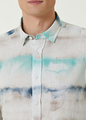 Beymen Club Comfort Fit Turkuaz Batik Desenli Keten Gömlek - 5