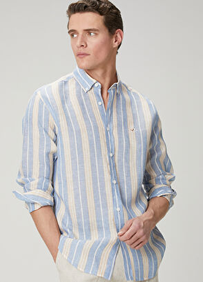 Beymen Club Comfort Fit Blue Stripe Patterned Linen Shirt - 5