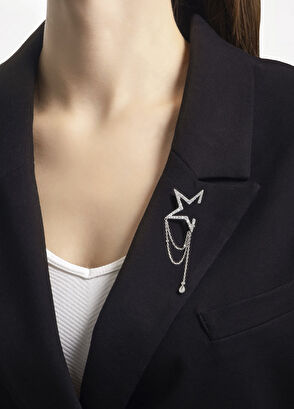 So Chic Cesaret Yıldızı 925 Ayar Gümüş 18 Ayar Beyaz Altın Kaplama Kadın Broş - 3