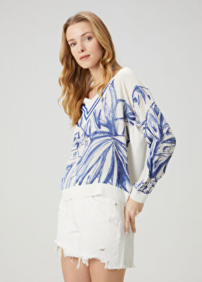 Beymen Club Blue White Patterned Silk Sweater - 4