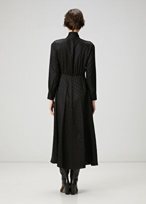 Beymen Club Siyah Logo Jakarlı Midi İpek Elbise - 5