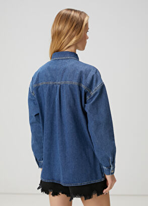 Beymen Club Mavi İşlemeli Denim Dış Gömlek - 5