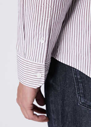 Beymen Club Comfort Fit White Burgundy Striped Oxford Shirt - 7