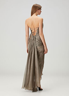 Jolie Kahverengi Maksi İpek Abiye Elbise - Görsel 5