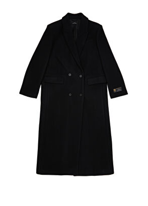 Oversized Siyah Kruvaze Yün Palto - Görsel 10