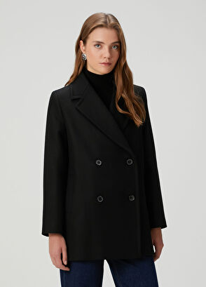 Siyah Kruvaze Yün Kaşe Kaban - Görsel 6