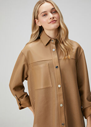 Beymen Club Koyu Bej Perfore Detaylı Deri Ceket - 4