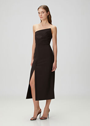 Kahverengi Straplez Midi Kokteyl Elbise - Görsel 4