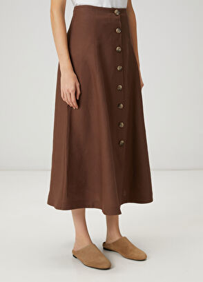 Beymen Club Kahverengi Düğmeli Midi Keten Etek - 4