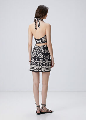 Network Siyah Beyaz Mini Keten Elbise - 5