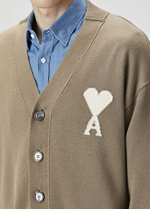 Ami Paris Beige Logo Jacquard Wool Knit Cardigan - 5
