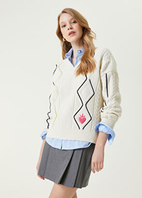 Beymen Club Ekru Nakışlı Yün Kazak - 4