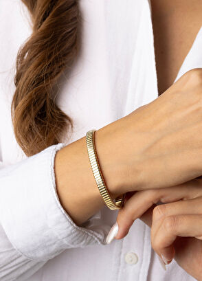 Safir Mücevher Esnek 14 Ayar Altın Unisex Kelepçe Bileklik - 7