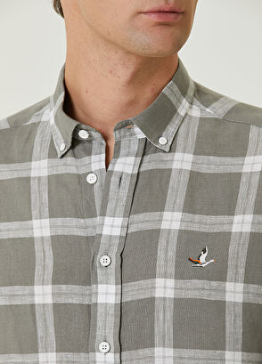 Beymen Club Comfort Fit Light Khaki Square Plaid Linen Shirt - 6