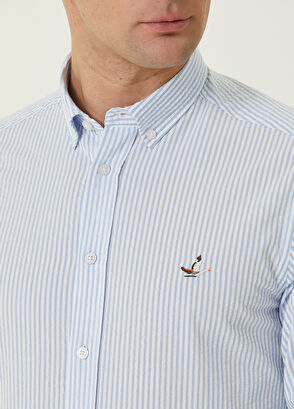 Beymen Club Comfort Fit Light Blue Thin Striped Waffle Shirt - 5