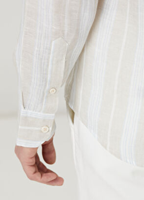 Beymen Club Comfort Fit Light Khaki Line Patterned Linen Shirt - 8