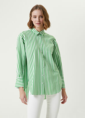 Beymen Club Yeşil Çizgi Desenli Uzun Poplin Gömlek - 4