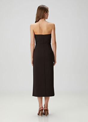 Kahverengi Straplez Midi Kokteyl Elbise - Görsel 6