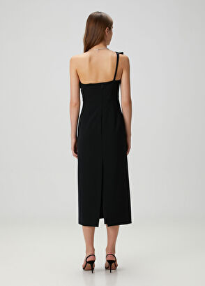 Siyah Tek Omuzlu Midi Kokteyl Elbise - Görsel 6