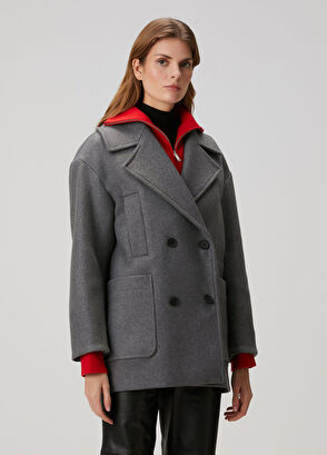 Oversize Gri Yün Kaşe Kaban - Görsel 6