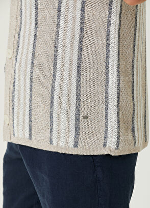 Beymen Club Bej Polo Yaka Dikey Çizgili Kısa Kollu Keten Triko - 7