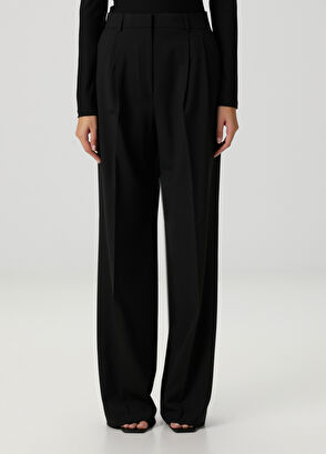 Siyah Bol Paça Yün Pantolon - Görsel 5