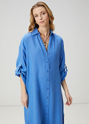 Beymen Club Blue Midi Linen Shirt Dress - 3