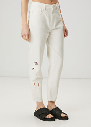 Beymen Club Mom Fit Kırık Beyaz Nakışlı Jean Pantolon - 3
